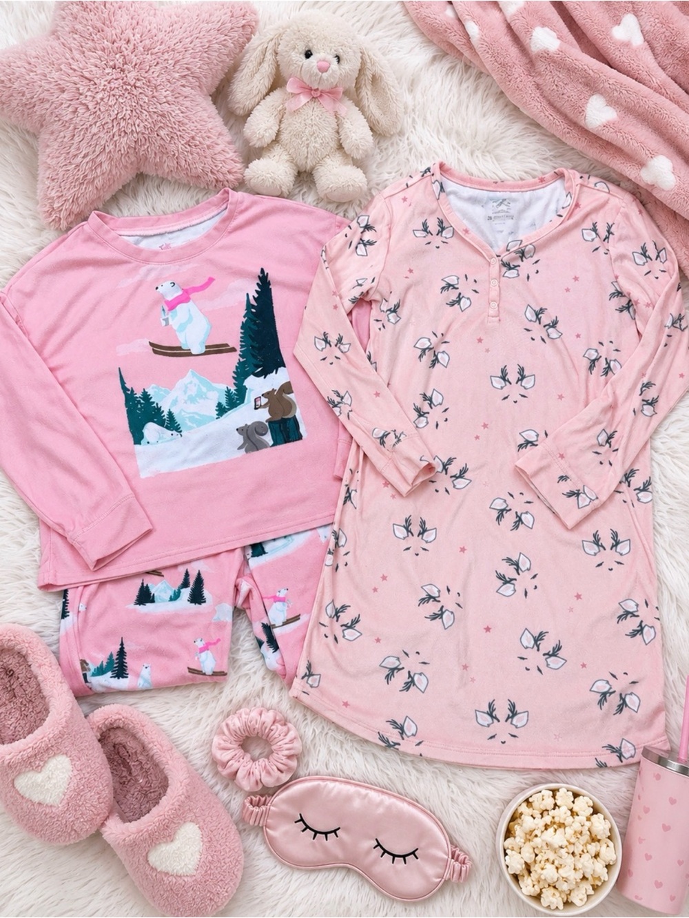 Cozy Pink Kids Pajama Set with Polar Bear and Deer Nightgown